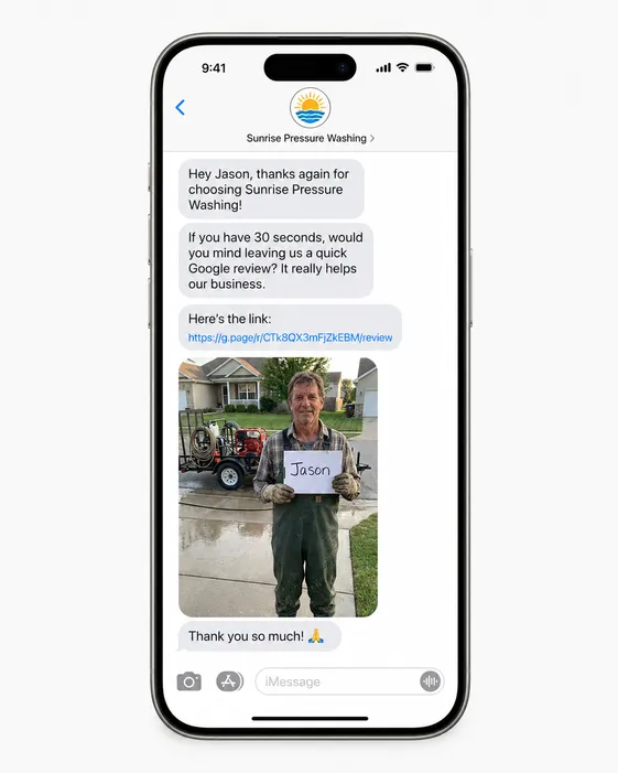 North Rank Media automated Google review request text message thread shown on an iPhone